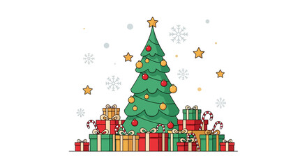 Naklejka premium Elegant Minimalist Christmas Tree With Red and Gold Ornaments Surrounded by Gift Boxes Candy Canes and Floating Golden Stars