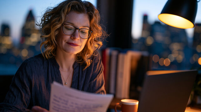 Nonprofit executive director alone at standing desk before dawn, reviewing quarterly impact report printout with handwritten margin notes, city skyline visible through office window, mug of cold cof