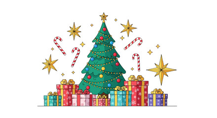 Fototapeta premium Festive Decorated Christmas Tree With Golden Stars Candy Canes and Snowflake Patterned Gift Boxes Over White Background