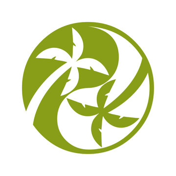 Logo con silueta minimalista de dos palmeras en un c&iacute;rculo con ondas, formando un s&iacute;mbolo yin yang, para proyectos ecol&oacute;gicos, turismo o playas.