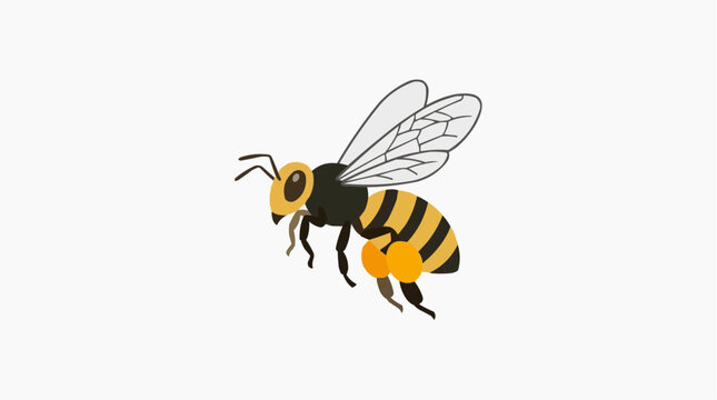 Cartoon bee with pollen baskets on legs flying isolated on white background
