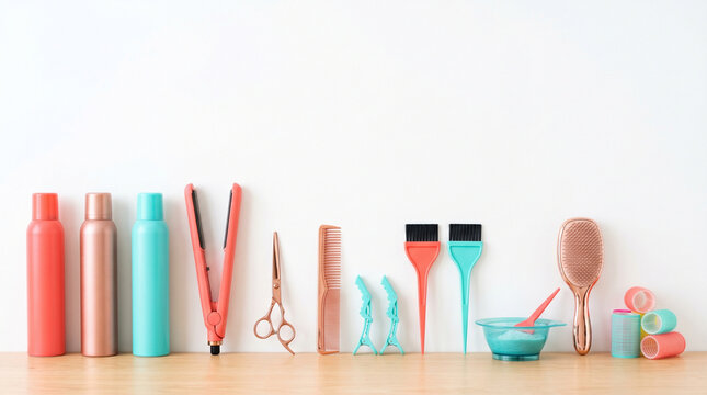 Professional hairdressing tools, hair straightener, scissors and styling sprays on wooden table. Beauty salon equipment banner with large copy space.