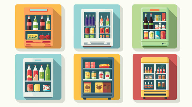 Assorted Vending Machines Filled With Drinks Snacks And Packaged Goods In Flat Design Style