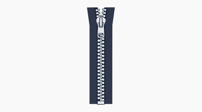 Close up of a dark blue zipper with a silver pull tab on a white background