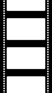 Retro vertical film strip frame with blank white placeholders and textured black sprockets for vintage movie or photography montage backgrounds