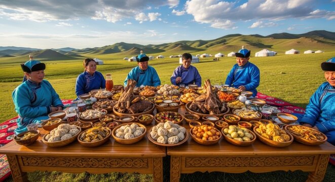 Mongolian family eating traditional feast outside nomadic yurt camp