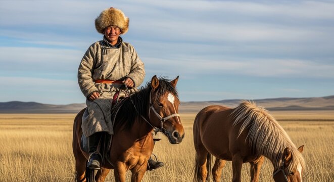 Mongolian man in traditional fur hat riding a horse in the golden steppe