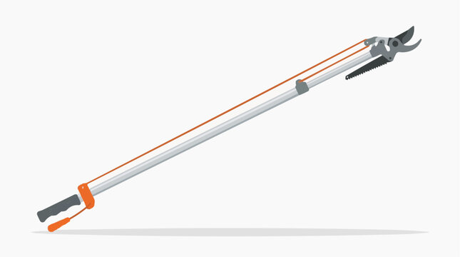 Long reach pruner with saw and orange cord on white background