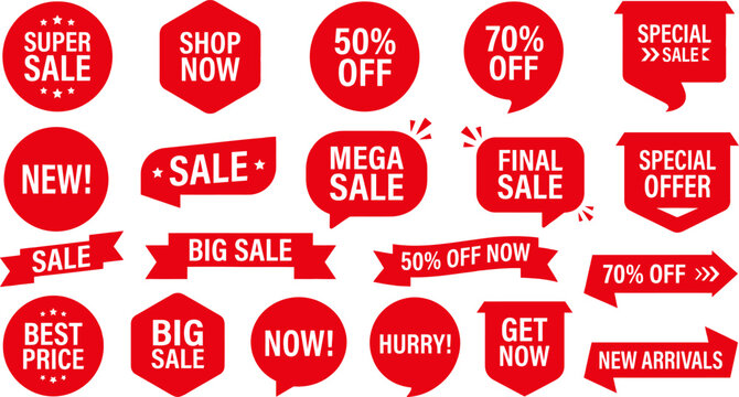 Collection of vibrant sale banners and promotional badges for retail marketing campaigns