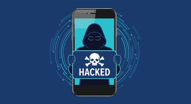 Mobile phone hacking and data security concept with a hooded figure and skull icon on a smartphone screen.