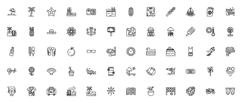 Summer icon set. Vacation vector icon pack. Minimal line icons. Featuring umbrella, coconut tree, starfish, surfboard, swimming pool, ice cream, sunglasses, beach ball, sunset, beach and more.