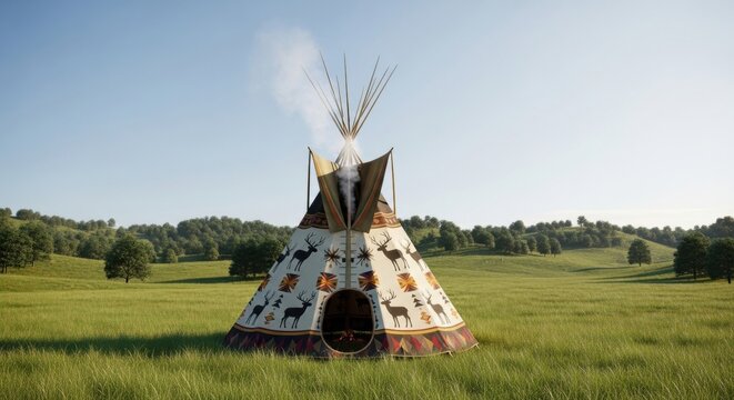Native American teepee tent with deer patterns in a vast green meadow