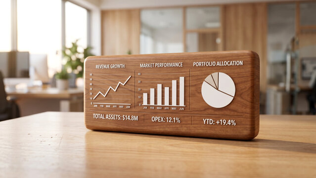 Financial growth chart with clock on wooden block in modern office setting