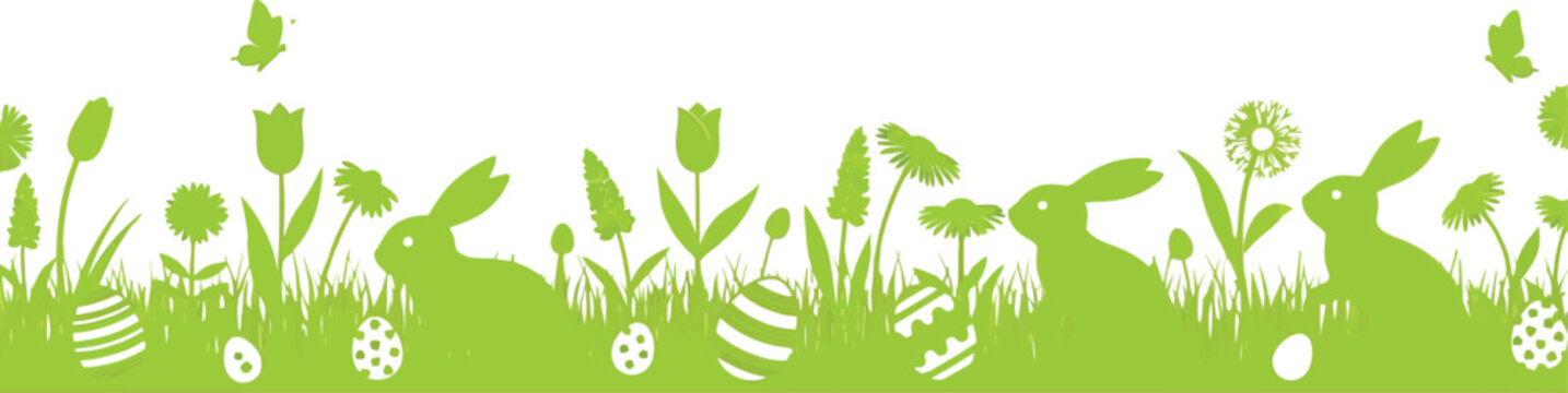 Green Easter bunny and egg silhouette border with spring flowers and butterflies for holiday greeting card vector illustration
