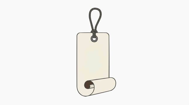 Blank paper tag with string and rolled bottom corner isolated on white background