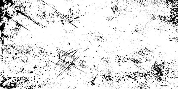 An abstract black and white grunge background featuring a dirty paint splatter texture with ink drops, an artistic frame border, and a vector circle explosion pattern