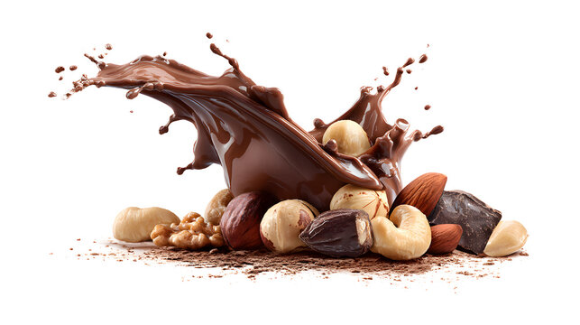 Set of various nuts in melted chocolate, isolated on a white background