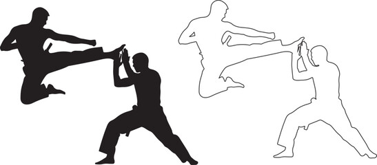 Martial arts silhouette vector set, karate fighters in combat poses, black and white outline of kickboxing sparring, mma training graphics © Nayeem