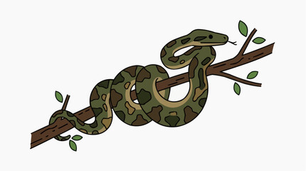 Naklejka premium Green snake coiled on a tree branch with leaves