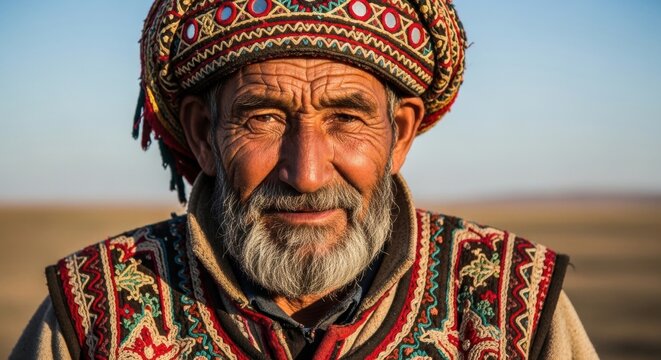 Portrait of an elderly nomadic man wearing traditional embroidered clothing