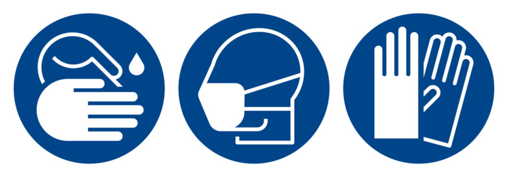 Please sanitize your hands, safety mask fitting and putting on sterile gloves sign. Surgery icon set. Doctor instructions symbols.