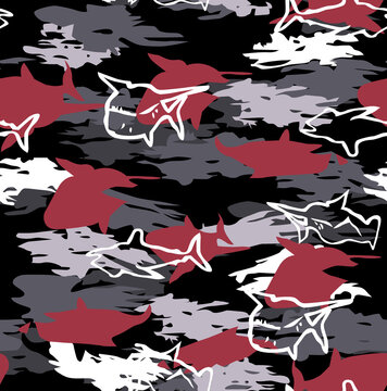 Seamless urban camouflage pattern with red shark silhouettes and white sketch outlines on black background.