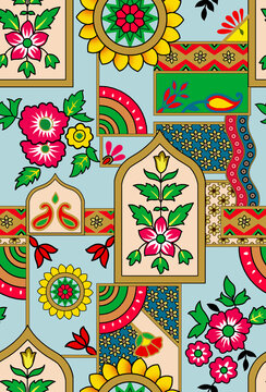 Seamless traditional Indian patchwork pattern with Mughal-inspired floral arches, mandalas, and geometric borders.