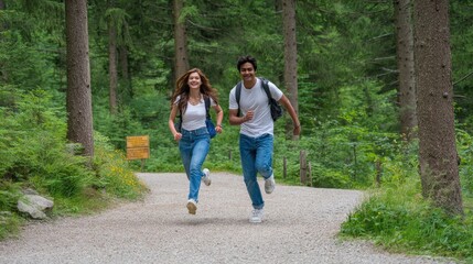 Obraz premium Happy young couple running fast on woodland dirt path.
