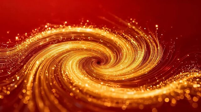 Golden spiral vortex with glowing light streaks and particles on red background