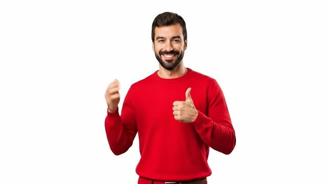 Smiling man giving positive thumbs-up gesture in red sweater