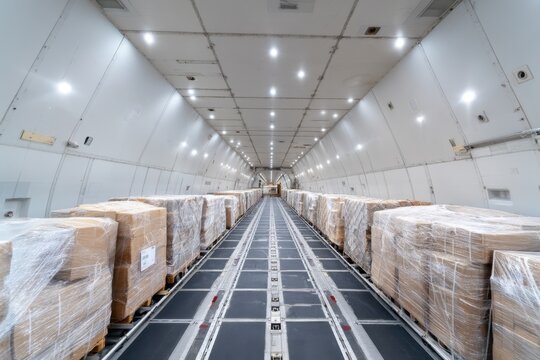The cargo plane interior lined with wrapped palletized boxes in neat rows