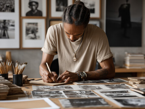 Artist studio drawing sketch pencil portfolio juneteenth celebration planning with focused artist drawing sketch studio workspace surrounded by