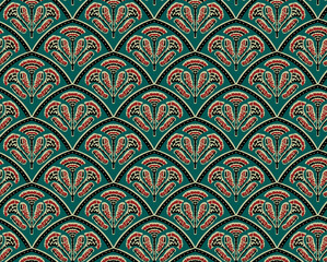 Seamless Art Deco fan pattern with vintage stylized floral motifs in teal green and red. © R Naveen