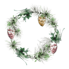 Rustic snowy pinecones, evergreen needle twigs woodland style festive Christmas frame. Hand drawn pencil and watercolor artwork. Holiday postcards, retail displays, craft kits, decorative calendars. © Elena