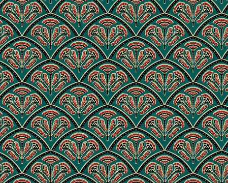 Seamless Art Deco fan pattern with vintage stylized floral motifs in teal green and red.