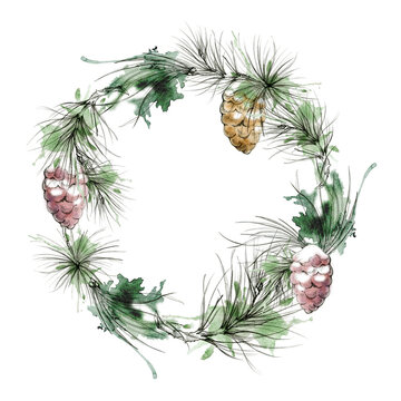Rustic snowy pinecones, evergreen needle twigs woodland style festive Christmas frame. Hand drawn pencil and watercolor artwork. Holiday postcards, retail displays, craft kits, decorative calendars.
