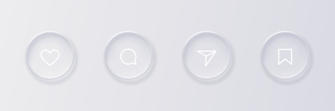 Realistic liquid glass social media UI elements. Like, comment, share and save button set. Modern minimalist design for user interface, apps and websites. Vector illustration