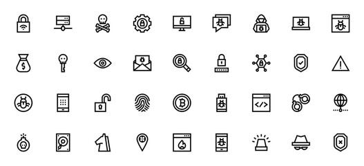 Hacker icon set. Minimalist icon pack. Includes symbols for lock, server, skull, malware, password, vpn, firewall, shield, bitcoin, bug, alert and more. Editable vector stroke. © wang