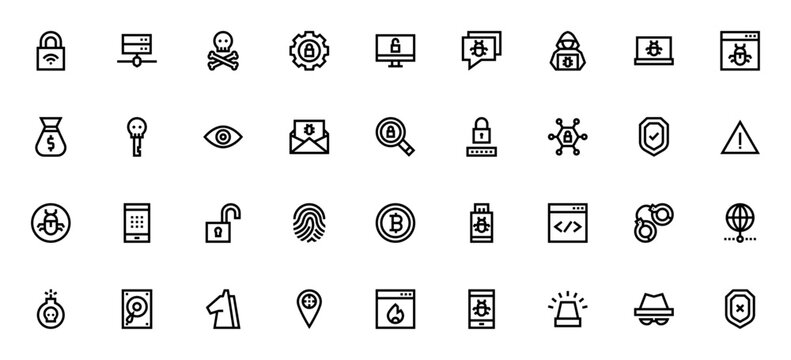 Hacker icon set. Minimalist icon pack. Includes symbols for lock, server, skull, malware, password, vpn, firewall, shield, bitcoin, bug, alert and more. Editable vector stroke.