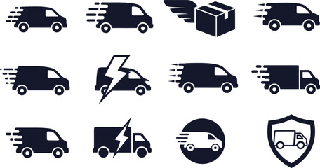 Naklejka premium Fast delivery service icon set with van, truck, shipping box, bolt, shield, and motion lines for logistics and express courier branding.