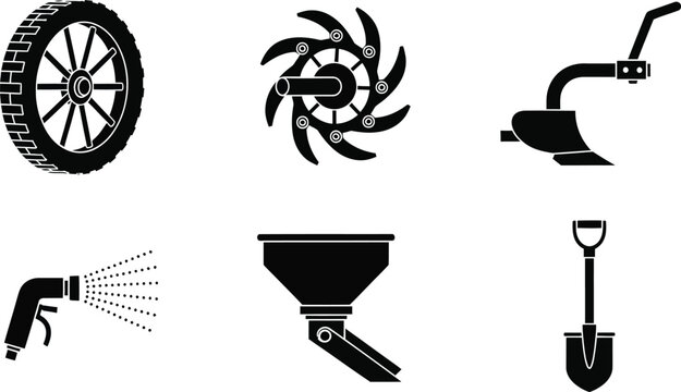 Black silhouettes of gardening tools and equipment, including a tire, fan, cultivator, hose, spreader, and shovel