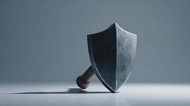Iron shield and medieval weapon on blue background.