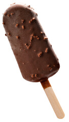Fototapeta premium Chocolate almond ice cream bar on stick isolated on white background. Premium frozen dessert, crunchy nutty coating gourmet treat. Studio shot with clipping path.PNG File.