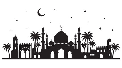 Mosque Silhouette with Domes and Minarets Under a Crescent Moon Featuring Stars, Night Sky, Architecture with Islamic and Religion Elements For © Diego