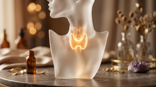 Thyroid gland anatomy glowing on translucent bust model on table with wellness concept for lung health and breathing care in soft warm light