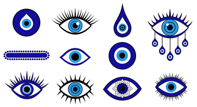 Blue evil eye symbols, various shapes and designs, protection concept, decorative elements