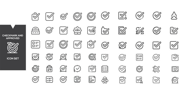 Checkmark and Approved Icon Set: A collection of minimalist line icons representing various forms of checkmarks, ticks, and approval symbols, suitable for diverse design applications.