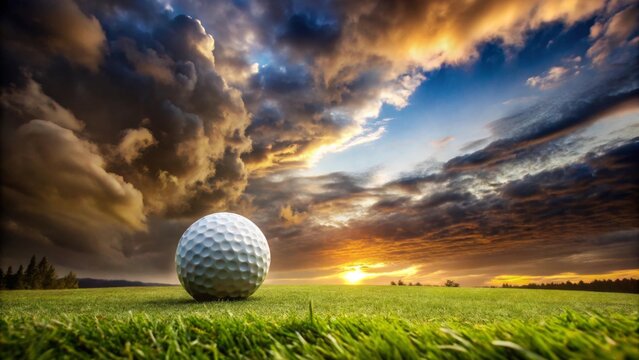 A lone golf ball rests on a verdant putting green, silhouetted against a dramatic sunset sky filled with vibrant clouds.