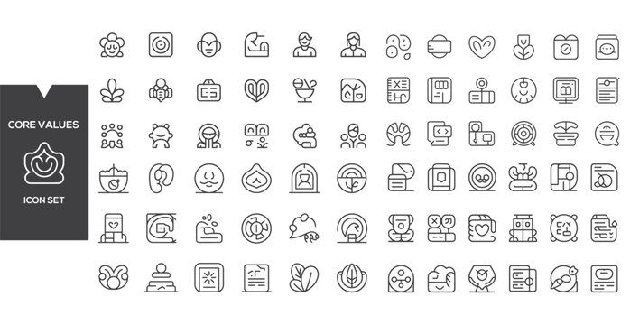 Core Values Icon Set: A comprehensive collection of outline icons representing core values such as trust, integrity, leadership, teamwork, innovation, and empathy.