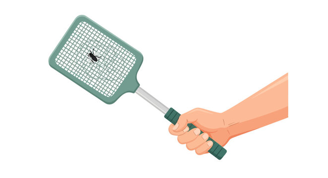 Hand holding fly swatter, insect killer tool, pest control concept